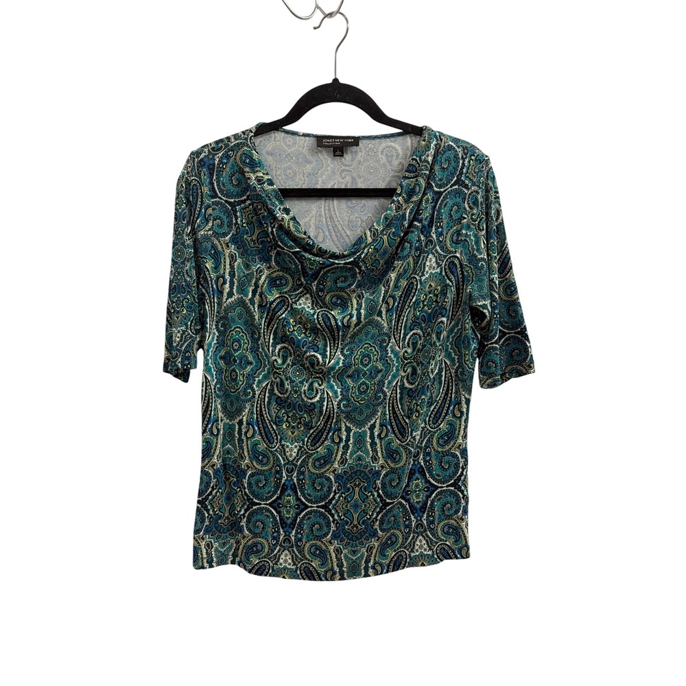 Blouse Paisley Boho Jones New‎ York Women L Teal Cowl Neck Short Sleeve Top